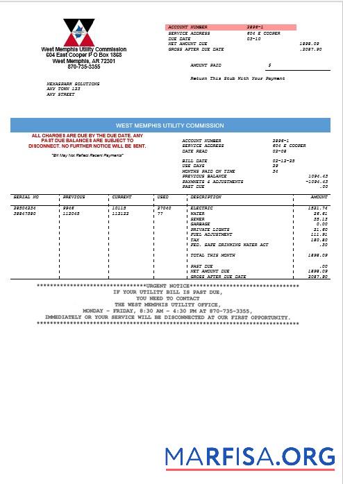 Printable USA West Memphis business utility commission utility bill Word and PDF template